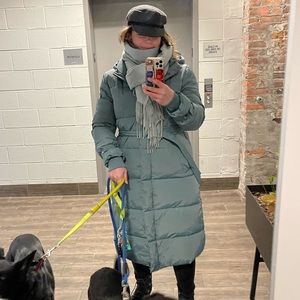 Mara Long Length Puffer in Seaport with belt and extra hard wear